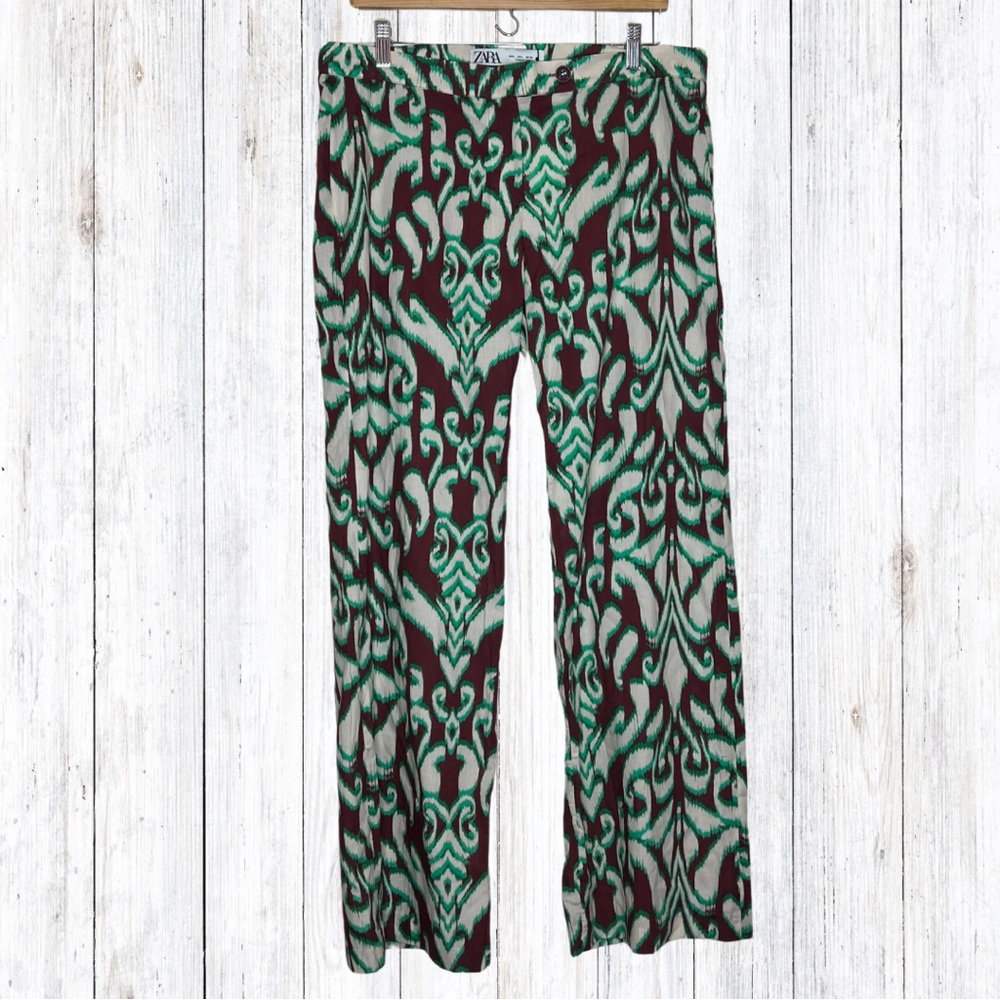 New Zara Selena Cotton Tropical Wide Flare Pant Midrise Green Brown Boho Large - Picture 2 of 10